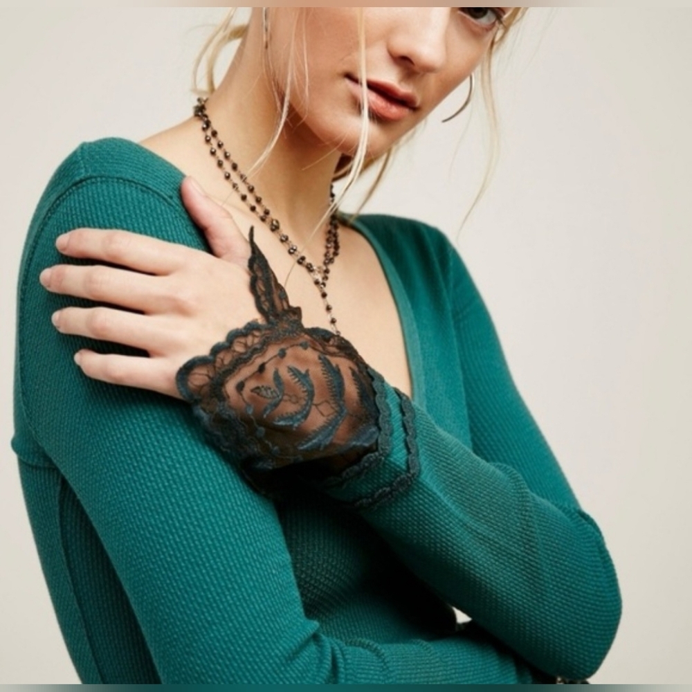 Free People Teal Thermal Long Sleeve Top with Black Lace Cuffs